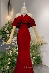 Wine Red Mermaid Off Shoulder Halter Neckline Party Dresses, Wine Red Evening Gown