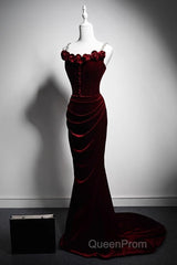 Wine Red Mermaid Straps Beaded Long Formal Dresses, Wine Red Evening Dresses Evening Prom Dresses