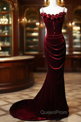 Wine Red Mermaid Straps Beaded Long Formal Dresses, Wine Red Evening Dresses Evening Prom Dresses