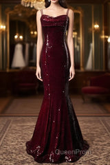 Wine Red Mermaid Straps Long Evening Prom Dresses Party Dresses, Wine Red Sequins Evening Dresses