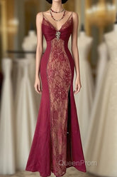 Wine Red Mermaid Straps Sweetheart Party Dresses, Wine Red Lace Evening Prom Dresses