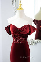 Wine Red Mermaid Velvet Long Party Dresses, Wine Red Evening Prom Dresses Evening Dresses