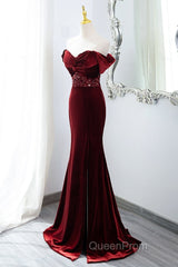 Wine Red Mermaid Velvet Long Party Dresses, Wine Red Evening Prom Dresses Evening Dresses