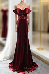 Wine Red Mermaid Velvet Long Party Dresses, Wine Red Evening Prom Dresses Evening Dresses