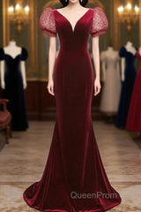 Wine Red Mermaid Velvet With Short Sleeves Formal Dresses, Wine Red Evening Dresses