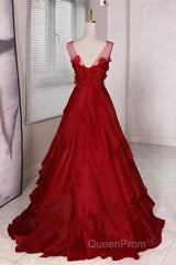 Wine Red Round Neckline A-Line Beaded Party Dresses, Wine Red Long Evening Prom Dresses