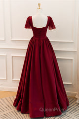 Wine Red Satin A-Line Floor Length Party Dresses, Wine Red Evening Dresses