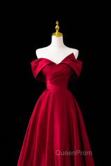 Wine Red Satin A-Line Evening Prom Dresses, Wine Red Evening Dresses Formal Dresses