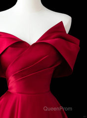Wine Red Satin A-Line Evening Prom Dresses, Wine Red Evening Dresses Formal Dresses