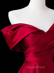 Wine Red Satin A-Line Evening Prom Dresses, Wine Red Evening Dresses Formal Dresses