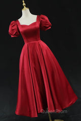 Wine Red Satin Bridesmaid Dresses Party Dresses, Tea Length Evening Prom Dresses