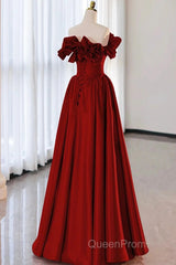 Wine Red Satin Long Evening Prom Dresses Party Dresses, Wine Red A-Line Long Wedding Party Dresses