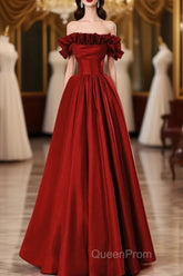Wine Red Satin Long Evening Prom Dresses Party Dresses, Wine Red A-Line Long Wedding Party Dresses