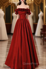 Wine Red Satin Long Evening Prom Dresses Party Dresses, Wine Red A-Line Long Wedding Party Dresses