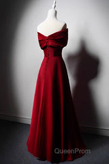 Wine Red Satin Off Shoulder A-Line Party Dresses, Wine Red Long Formal Dresses Evening Prom Dresses