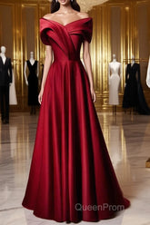 Wine Red Satin Off Shoulder A-Line Party Dresses, Wine Red Long Formal Dresses Evening Prom Dresses