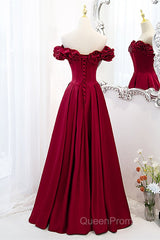 Wine Red Satin Off Shoulder Beaded Long Formal Dresses, Wine Red A-Line Evening Prom Dresses
