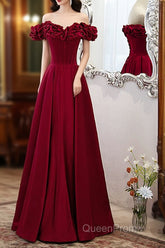 Wine Red Satin Off Shoulder Beaded Long Formal Dresses, Wine Red A-Line Evening Prom Dresses