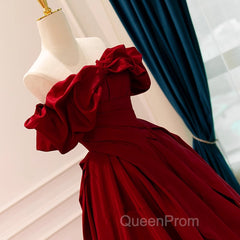 Wine Red Satin Off Shoulder Chic Long Party Dresses, Wine Red Sweetheart Evening Prom Dresses