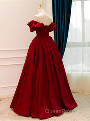 Wine Red Satin Off Shoulder Chic Long Party Dresses, Wine Red Sweetheart Evening Prom Dresses
