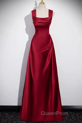 Wine Red Satin Off Shoulder Long Party Dresses, A-Line Satin Evening Prom Dresses