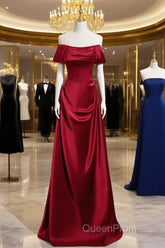Wine Red Satin Off Shoulder Long Party Dresses, A-Line Satin Evening Prom Dresses