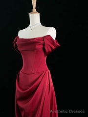 Wine Red Satin Off Shoulder Long Party Dress, Wine Red Satin Prom Dress