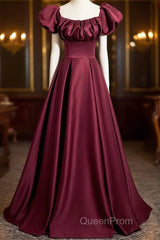 Wine Red Satin Off Shoulder Long Party Dresses, Wine Red Satin Evening Prom Dresses