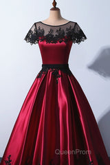 Wine Red Satin Round Neckline With Black Lace Party Dresses, Wine Red Evening Prom Dresses