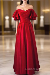 Wine Red Satin Short Sleeves Long Party Dresses, Wine Red Satin Evening Prom Dresses