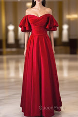 Wine Red Satin Short Sleeves Long Party Dresses, Wine Red Satin Evening Prom Dresses