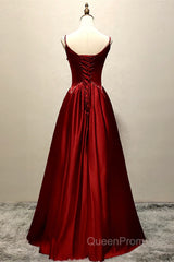 Wine Red Satin Straps Beaded Long Party Dresses, Wine Red A-Line Evening Prom Dresses