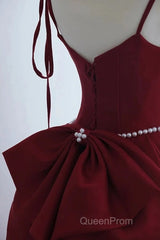 Wine Red Satin Straps Long Party Dresses, Wine Red Floor Length Formal Dresses Evening Prom Dresses