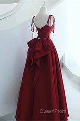 Wine Red Satin Straps Long Party Dresses, Wine Red Floor Length Formal Dresses Evening Prom Dresses