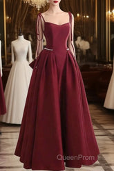 Wine Red Satin Straps Long Party Dresses, Wine Red Floor Length Formal Dresses Evening Prom Dresses