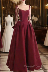 Wine Red Satin Straps Long Party Dresses, Wine Red Floor Length Formal Dresses Evening Prom Dresses