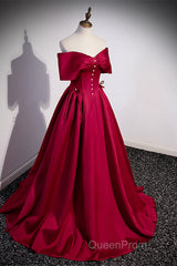 Wine Red Satin Sweetheart Long Evening Dresses, Wine Red Satin Evening Prom Dresses