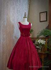 Wine Red Satin Tea Length Party Dress with Bow, Wine Red Wedding Party Dress
