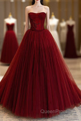 Wine Red Scoop Sweetheart Tulle Ball Gown Evening Prom Dresses, Wine Red Tulle Evening Dresses