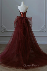 Wine Red Sequins And Tulle Long Formal Dresses, Wine Red Evening Prom Dresses
