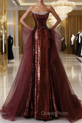Wine Red Sequins And Tulle Long Formal Dresses, Wine Red Evening Prom Dresses