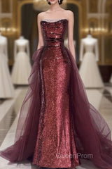 Wine Red Sequins Long Party Dresses With Tulle, Wine Red Long Formal Dresses Evening Prom Dresses