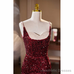 Wine Red Sequins Mermaid Long Formal Dress, Wine Red Evening Dress Party Dress