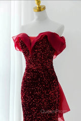 Wine Red Sequins Mermaid Long Party Dresses, Off Shoulder Sweetheart Evening Prom Dresses