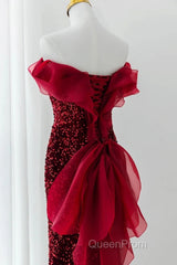 Wine Red Sequins Mermaid Long Party Dresses, Off Shoulder Sweetheart Evening Prom Dresses