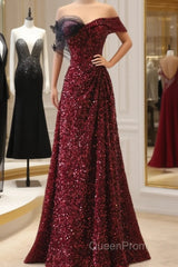 Wine Red Sequins Off Shoulder Long Party Dresses, A-Line Sequins Evening Prom Dresses