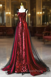 Wine Red Sequins With Black Tulle Straps Long Party Dresses, Wine Red Sequins Evening Prom Dresses