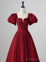 Wine Red Short Sleeves A-line Floor Length Party Dress, Long Prom Dress