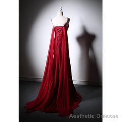 Wine Red Soft Satin Long Straps Long A-line Prom Dress, Wine Red Evening Dress