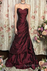 Wine Red Strapless Long Taffeta Sweet 16 Dresses, Wine Red Sweetheart Evening Prom Dresses Formal Gown